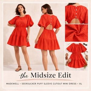 Madewell Seersucker Puff Sleeve Cutout Mini Dress | XL | Orange